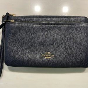 Coach Navy Double-Zipper Leather Clutch